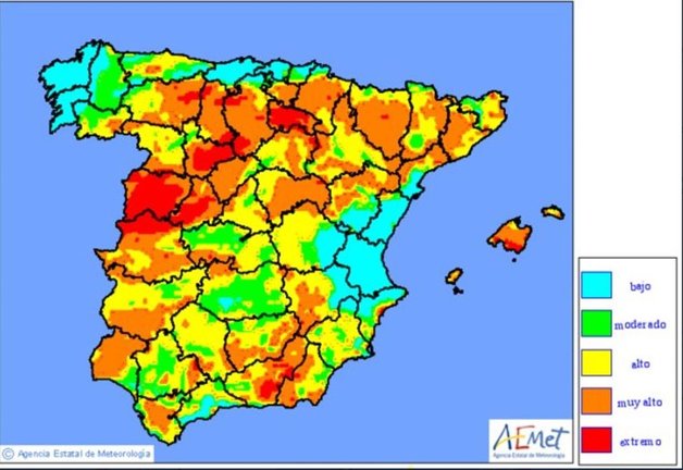 Mapa del riesto de incendios en España de la Aemet, para este lunes.