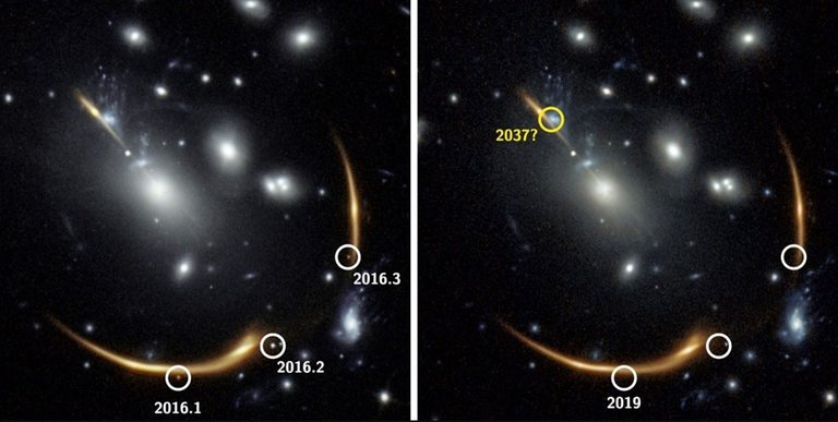 La gravedad del cúmulo de galaxias MACS J0138 curva tanto el espacio que la luz de una galaxia detrás de él se inclina hacia nosotros de varias maneras diferentes.
