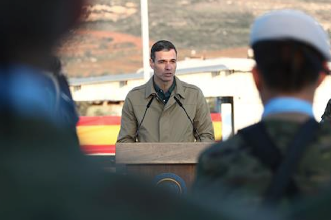 Pedro Sánchez, en su visita de este jueves a la Base Miguel de Cervantes, en Marjayun, (Líbano) / ALERTA