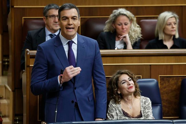 El presidente del Gobierno, Pedro Sánchez, interviene durante la sesión de control al Gobierno celebrada este miércoles en el Congreso. EFE/Chema Moya
