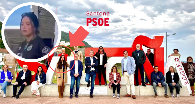 En círculo, la concejal de Santoña en el altercado del partido Burgos-Racing. Y de fondo su foto con todo el equipo del partido político.