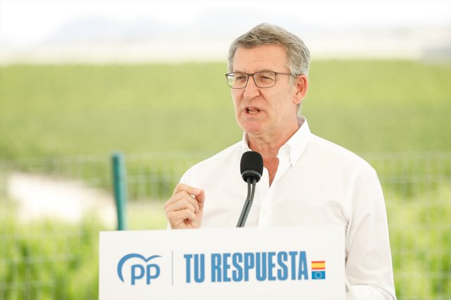 El presidente del Partido Popular, Alberto Núñez Feijóo, interviene durante un acto del Partido Popular. Edu Botella