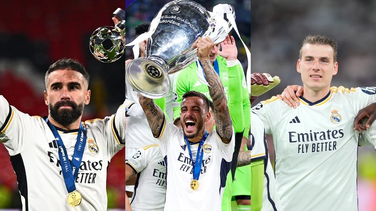Los jugadores del Real Madrid Dani Carvajal, Joselu Mato y Andriy Lunin celebran la decimoquinta Copa de Europa conquistada en Wembley. / EP
