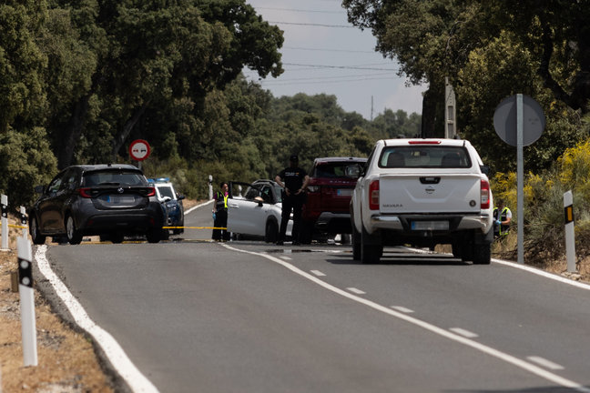 Agentes de la Policía Nacional trabaja en el lugar de los hechos, en el kilómetro 6 de la M-612, en la carretera de Fuencarral-El Pardo. Alejandro Martínez Vélez