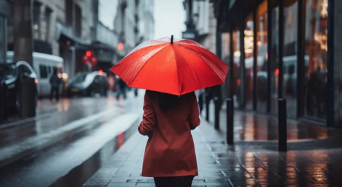 Una mujer paseando por la calle bajo la lluvia con su paraguas. / A.S.