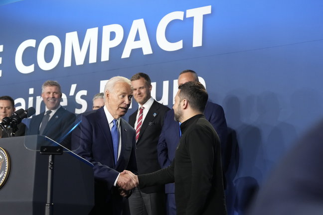 El presidente de EEUU, Joe Biden, y el ucraniano, Volodimir Zelenski, en un acto de apoyo a Ucrania. / EP