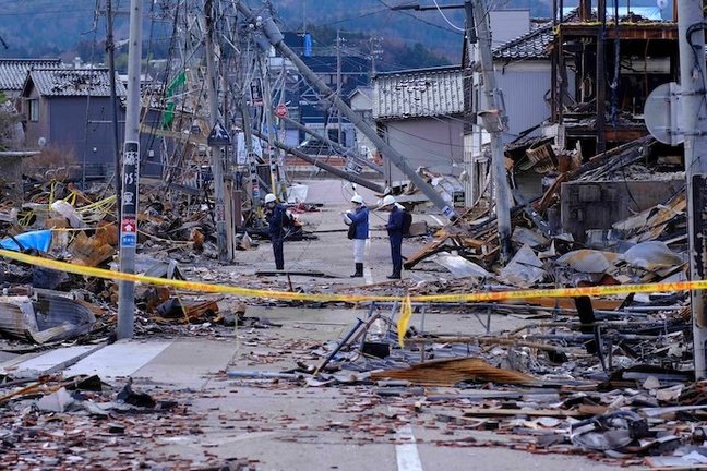 Un mes después del terremoto de la península de Noto, la calle Asaichi en la ciudad de Wajima, prefectura de Ishikawa, Japón. Un terremoto de magnitud 7,6 sacudió el centro de Japón el día de Año Nuevo. Ha pasado un mes desde el terremoto de la península de Noto, y la escena sigue siendo tan trágica como inmediatamente después del desastre. El mercado de Wajima Asaichi, en el centro de la ciudad de Wajima, prefectura de Ishikawa, fue destruido por un incendio masivo que se extendió a más de 200 edificios y arrasó toda la zona.  Europa Press / Contacto / James Matsumoto