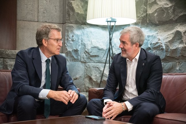 El presidente de Canarias, Fernando Clavijo (d), mantiene una reunión con el líder de la oposición y presidente del PP, Alberto Núñez Feijóo (i). / EP