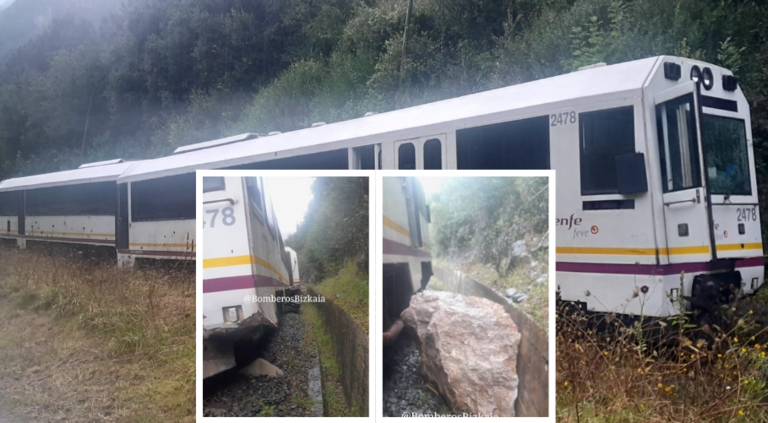 Estado en el que quedó el tren tras impactar con una roca en las vías en Gibaja. Afortunadamente, no hubo heridos entre los pasajeros. / Bomberos y Bomberas Bizkaia