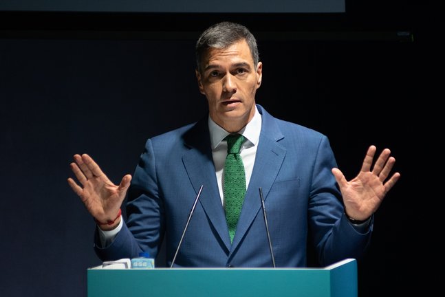 El presidente del gobierno, Pedro Sánchez, durante la apertura del evento 'World in Progress' de Grupo Prisa. / David Zorrakino