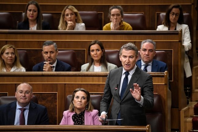 El presidente del PP, Alberto Núñez Feijóo, interviene durante una sesión de control al Gobierno, en el Congreso de los Diputados, a 16 de octubre de 2024, en Madrid (España). El PP y Vox preguntan sobre el 'caso Koldo' y otras causas de corrupción al Gobierno para examinar su actuación contra la "corrupción" después del último informe de la Unidad Central Operativa (UCO) relativo al 'caso Koldo'. Tras ello, el Pleno del Congreso debate y vota hoy una iniciativa del PP para reprobar al ministro de Transportes y Movilidad Sostenible, por su "incompetencia" al frente del departamento y por su "incapacidad para solventar el caos ferroviario" en Cercanías, Rodalies y trenes de media y larga distancia.

Fernando Sánchez / Europa Press
16 OCTUBRE 2024;SESIÓN DE CONTROL;GOBIERNO;CASO KOLDO
16/10/2024